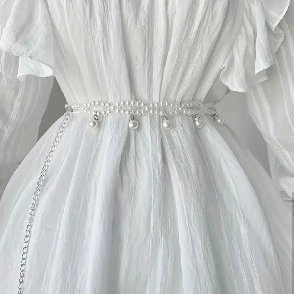 Double Layer Faux Pearl Chain Elegant Dress Girdle Trendy Pendant Chain Belt Dec